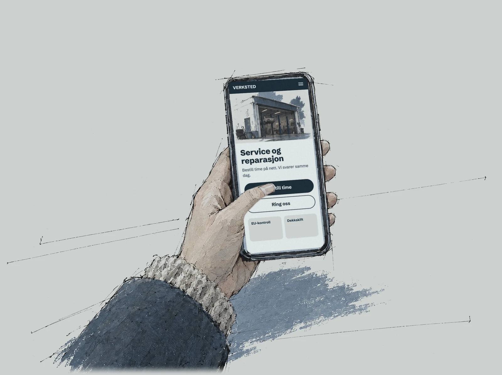 En hånd med mobilen, der verkstedets nettside er åpen og tommelen trykker på Bestill time