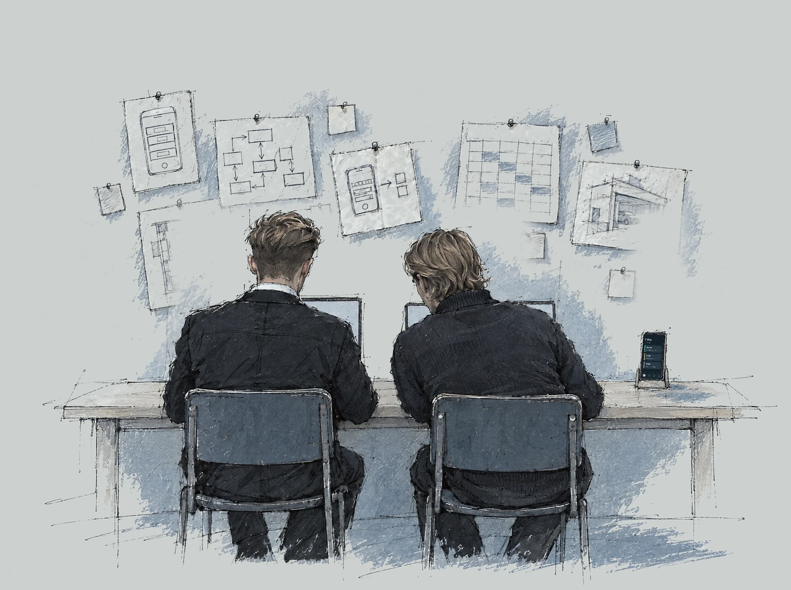 Phillip og Lucas sett bakfra ved hver sin PC, med servietten på veggen